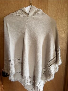 Hooded Fringe Poncho Sweater in Light Beige